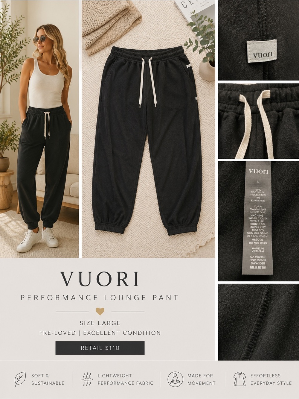 Vuori Black Jogger Pants with Cream Drawcord
